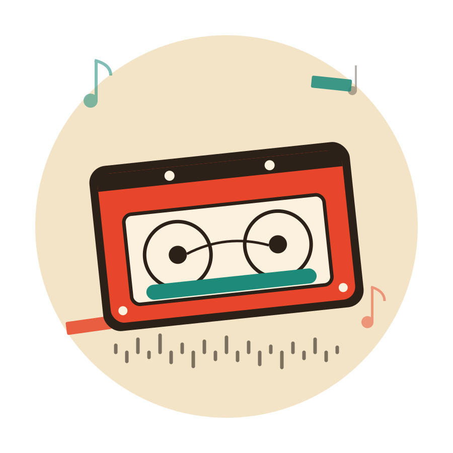 A tilted cassette tape, the Share Your Music mascot